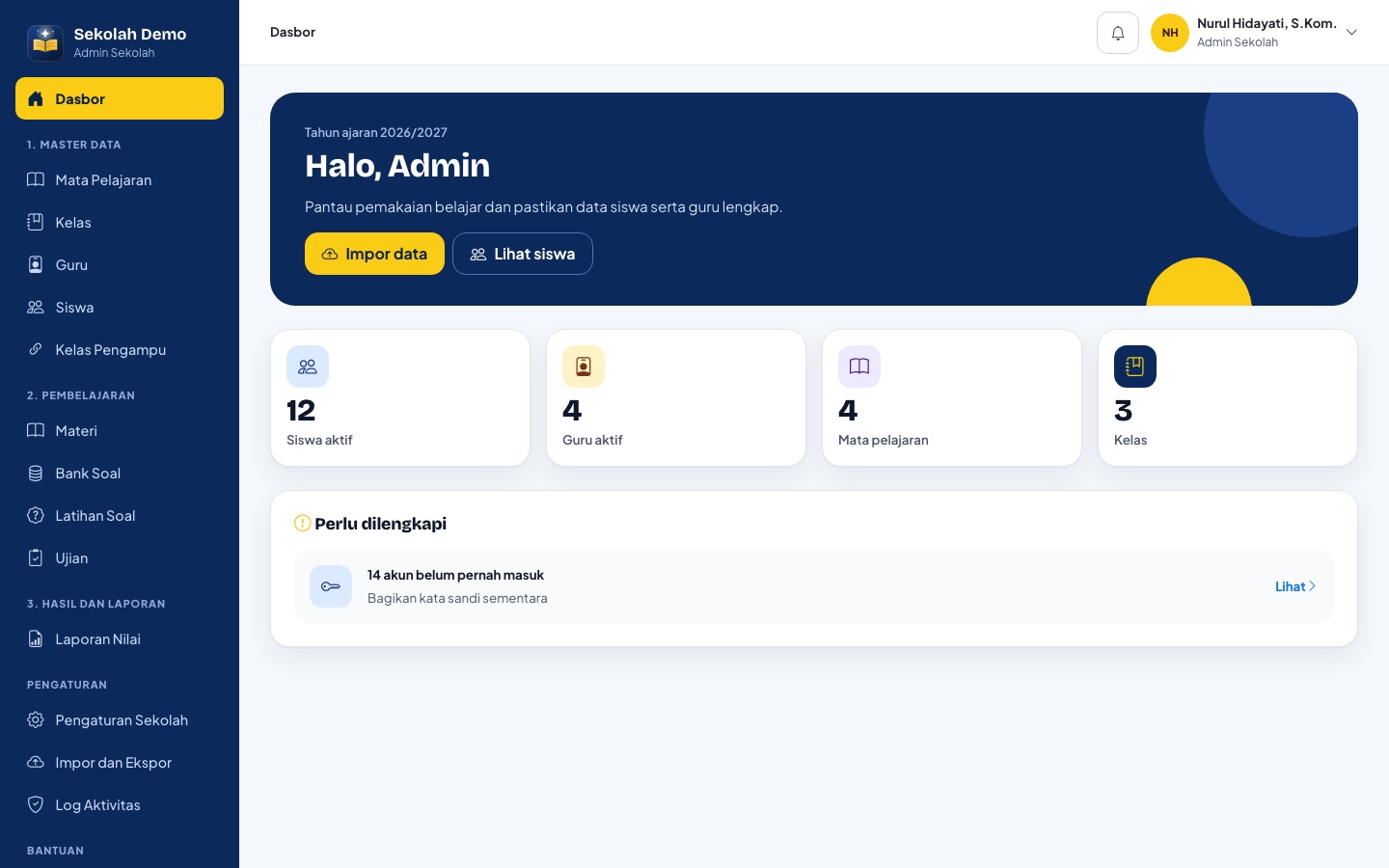 Dasbor admin dengan jumlah siswa, guru, mata pelajaran, dan kelas