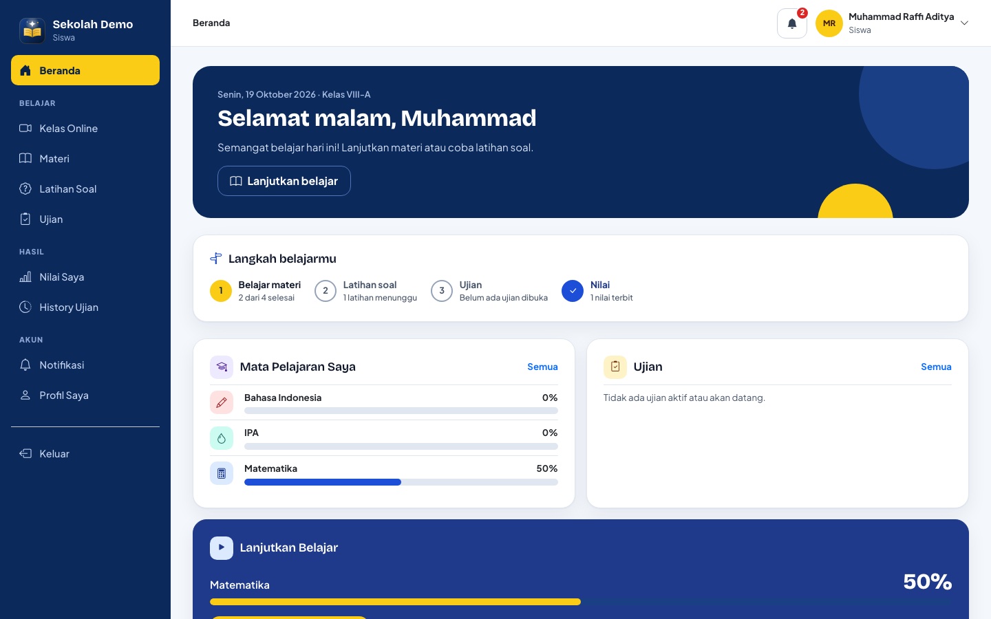 Beranda siswa dengan langkah belajar, progres mata pelajaran, dan ujian